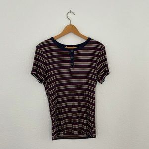 Striped and Ribbed T Shirt with Buttons, Medium